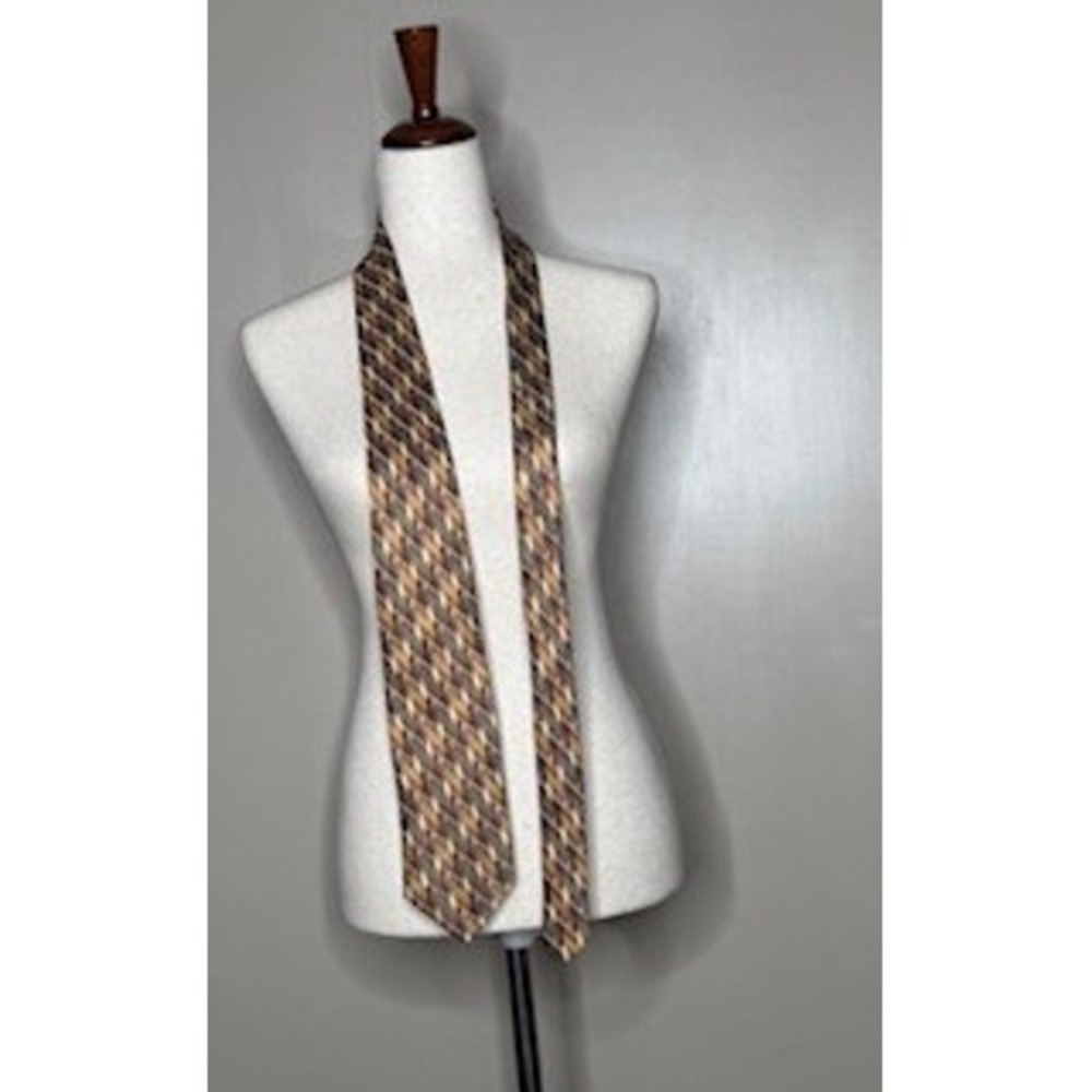 Renzo Handmade Silk Tie Geometric Pattern‎ Brown Gold Designer Necktie